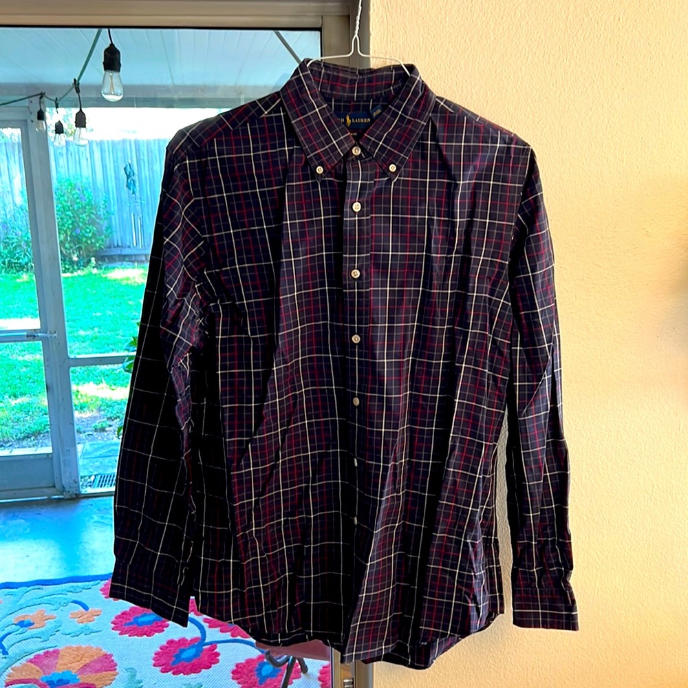L/S plaid navy button down dress shirt by Ralph Lauren. Custom fit. Large.